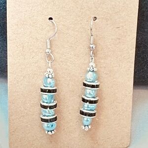 Stainless Steel Genuine Freshwater Light Blue Pearls 4ea w/Black Crystals